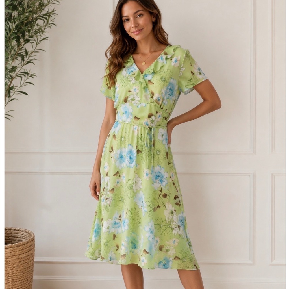Jody California Vintage Floral Ruffle V-Neck Midi Dress Green Blue Size 13/14